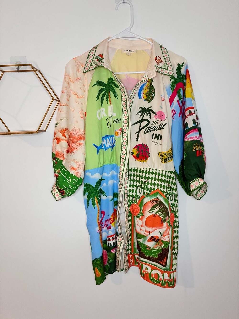 Pink Ripple Tropical Print Long Sleeve Button-Up Shirt Dress
